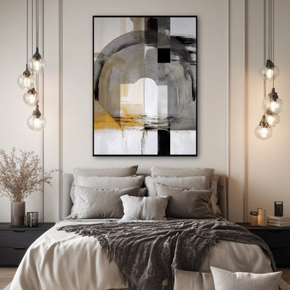 Original abstract arch painting hanging above a gray, plush bed in a modern, symmetrical bedroom with pendant lights.