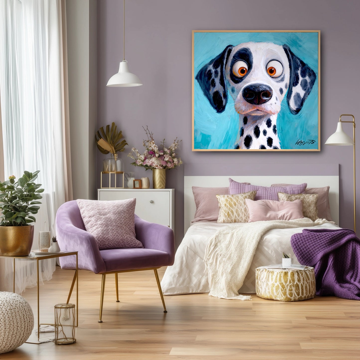 Quirky Dalmatian painting in a wood frame hangs in an eclectic bedroom with lavender walls and a purple velvet chair.