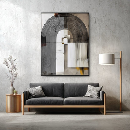 Original modern abstract painting hanging above a gray sofa against a minimalist concrete wall in a living room.
