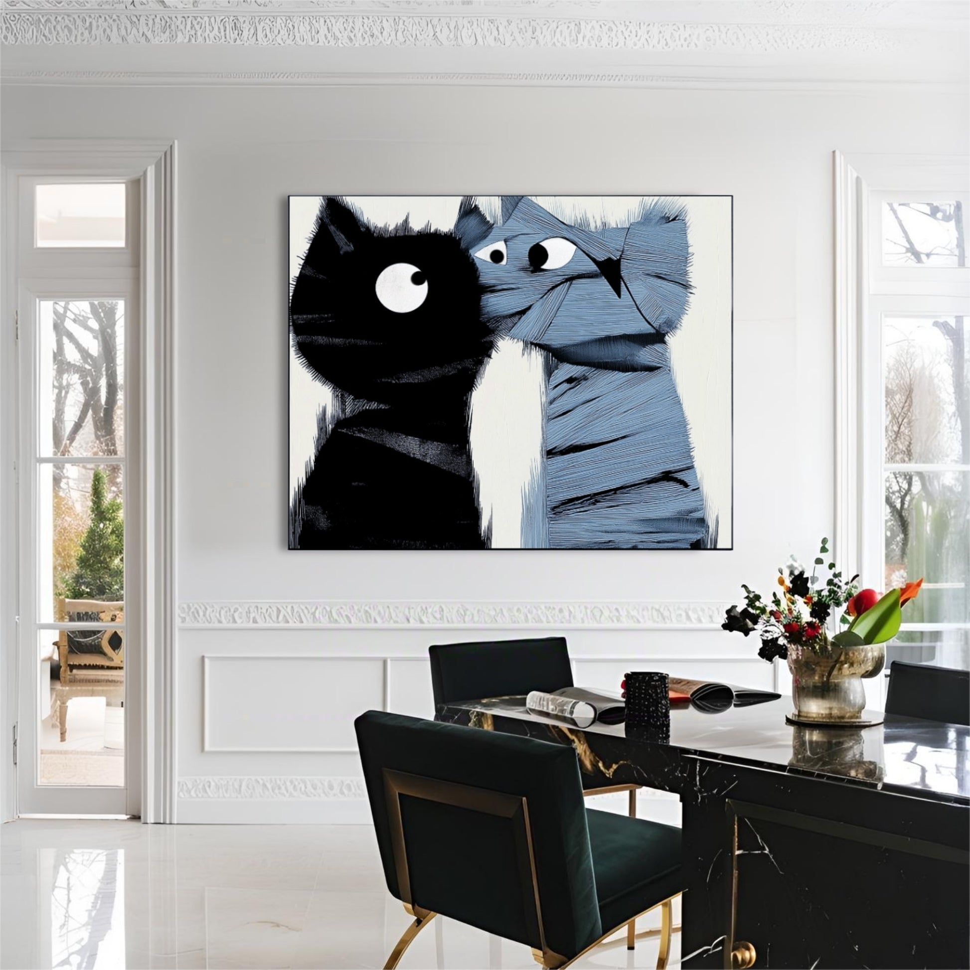 Large-scale two-cat painting in a classic dining room with dramatic black marble table, contrasting white walls and tall windows.