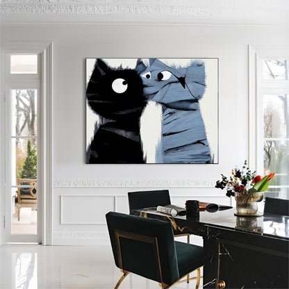 Large-scale two-cat painting in a classic dining room with dramatic black marble table, contrasting white walls and tall windows.