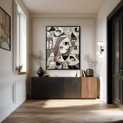 Abstract figurative art adds a modern, artistic touch to an elegant entryway, balancing classic wall molding with a sleek wood console.