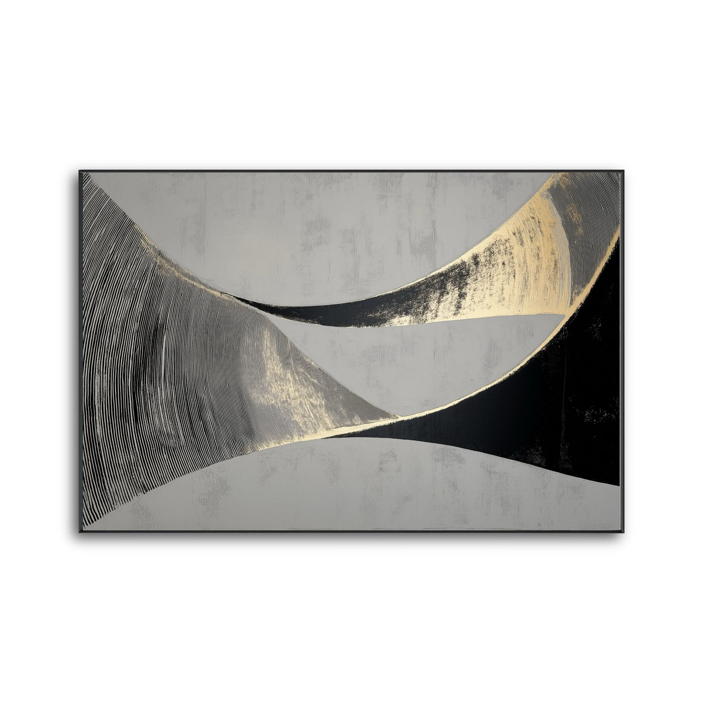 Original abstract art with flowing lines. Features twisting ribbons of black and metallic gold on a neutral grey background.