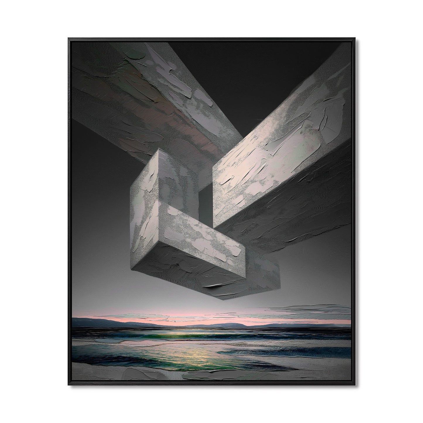 Original hand-painted abstract surreal art. Neutral/cold geometric composition, thick texture, dynamic movement, intense atmosphere, sunset sea painting.