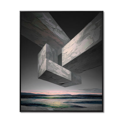 Original hand-painted abstract surreal art. Neutral/cold geometric composition, thick texture, dynamic movement, intense atmosphere, sunset sea painting.