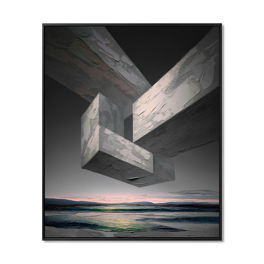 Original hand-painted abstract surreal art. Neutral/cold geometric composition, thick texture, dynamic movement, intense atmosphere, sunset sea painting.