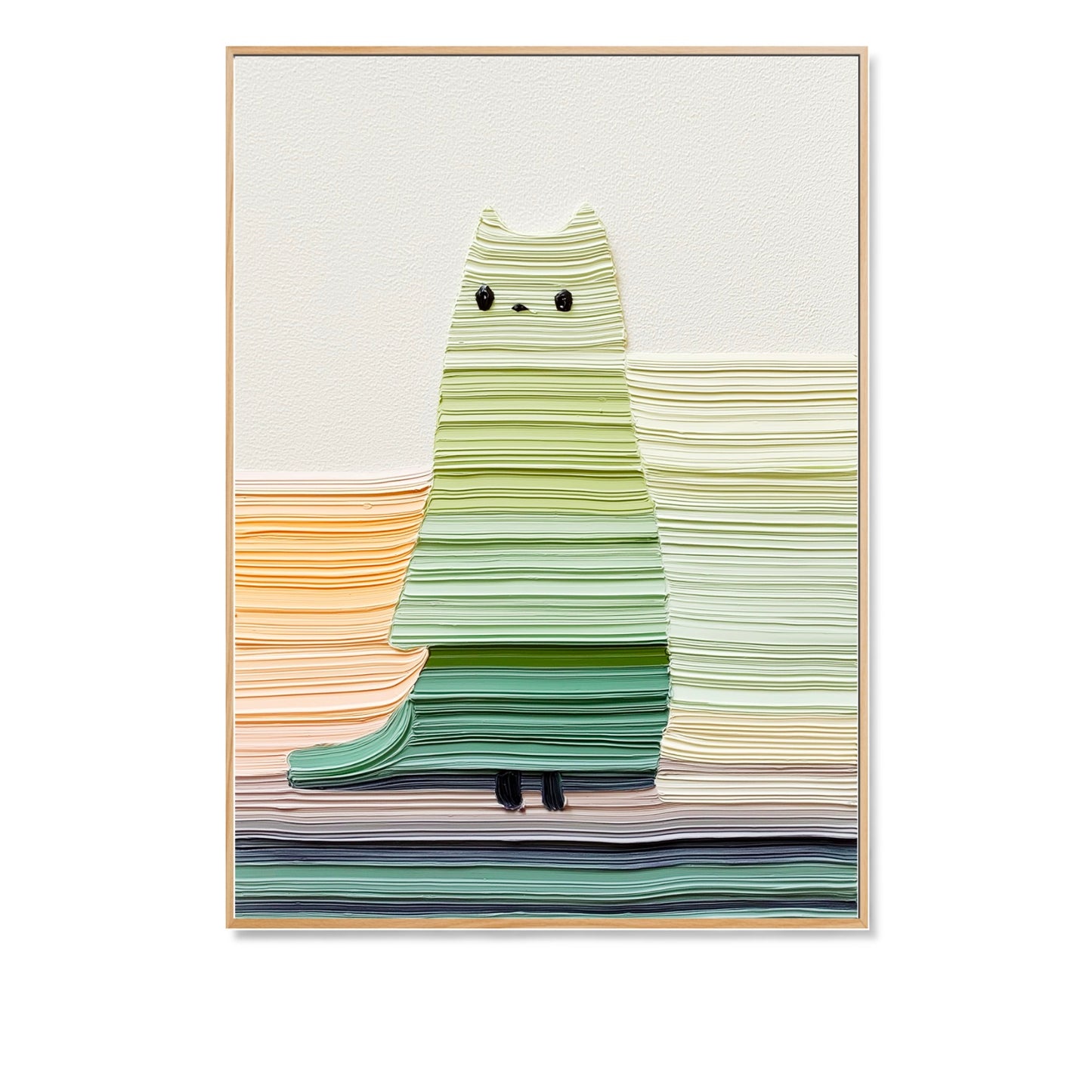 Original abstract cat painting, horizontal line texture. Modern fine art with green, orange, and neutral tones. Warm/neutral.