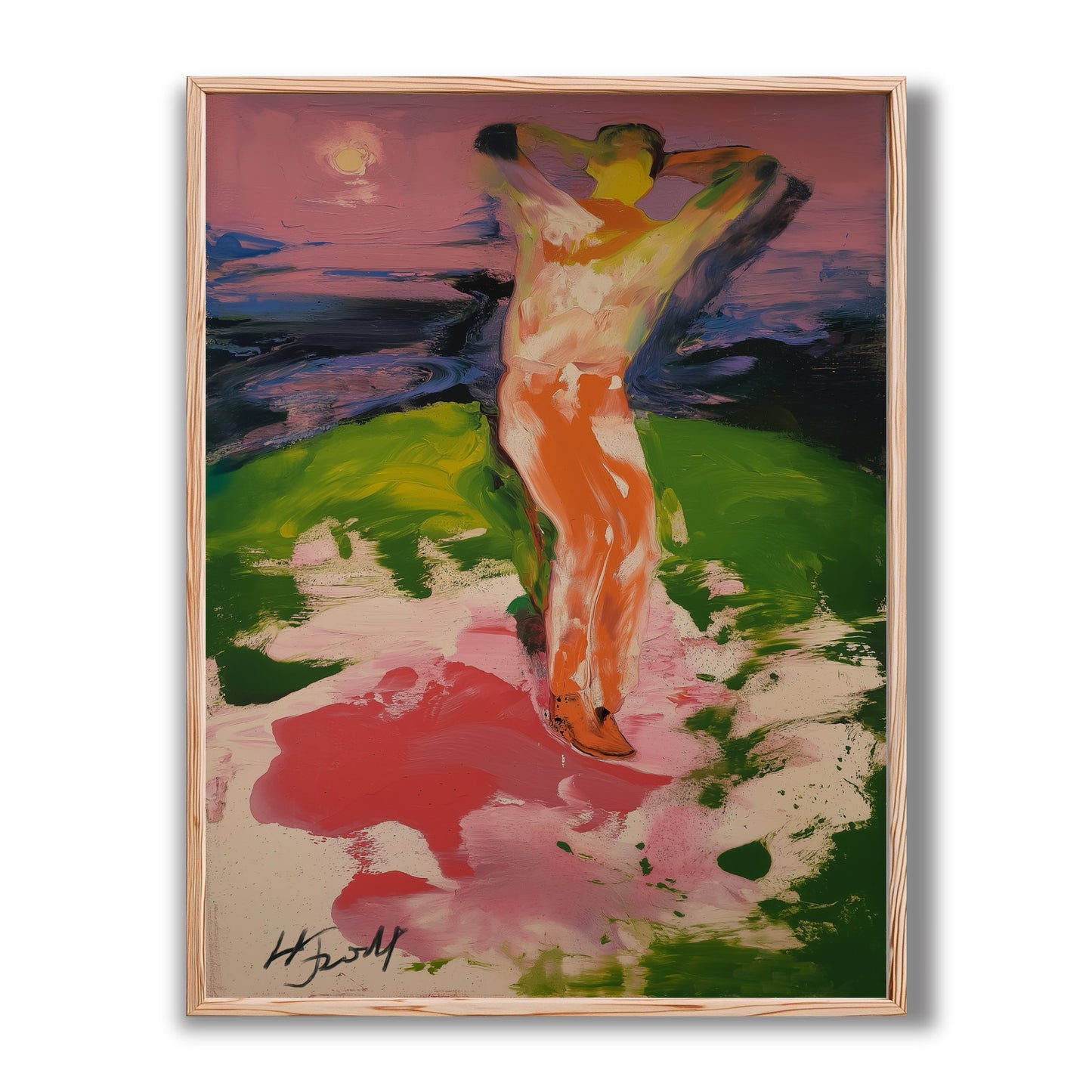 Original abstract golfer painting with vibrant pink and green hues. Warm, energetic colors create a bold expressionist vibe.