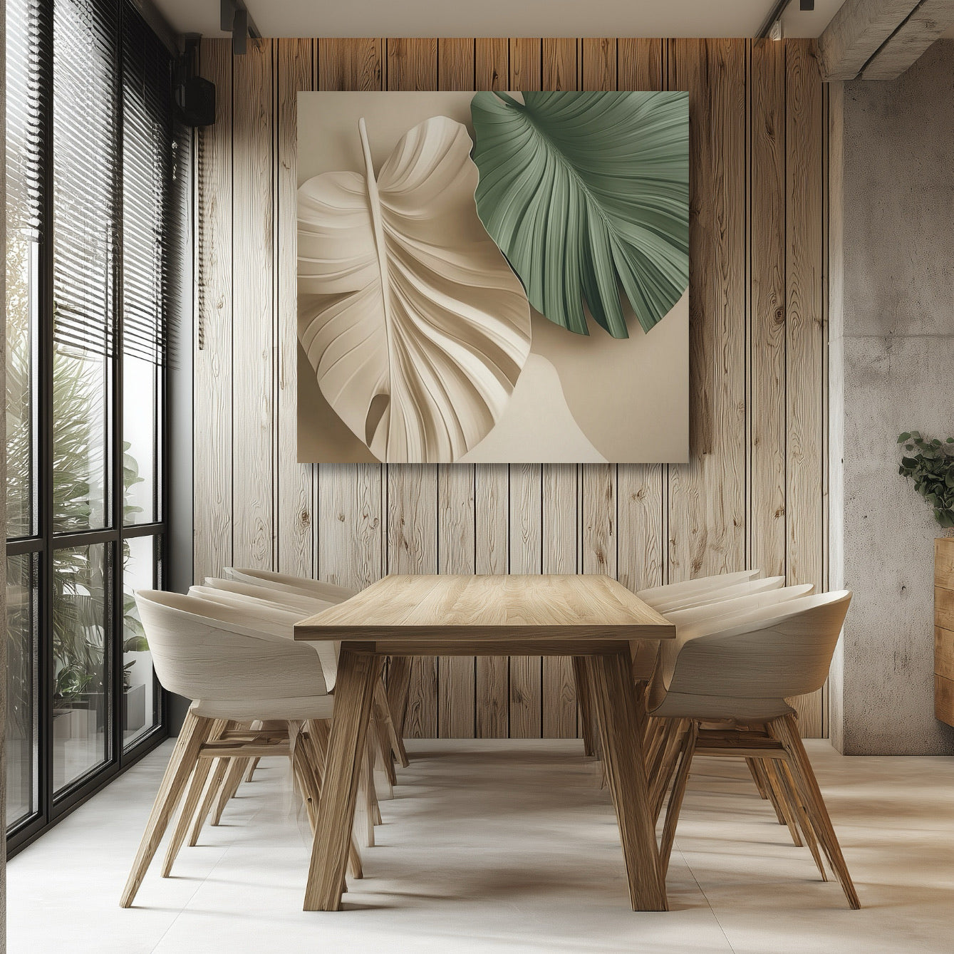 Stylish botanical artwork adds organic charm to a modern dining area; wood slat wall and natural wood table create a warm, inviting, and minimalist setting.
