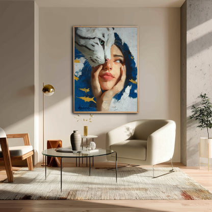 Modern surrealist painting in a sunlit room with a beige armchair, glass coffee table, and minimalist decor.