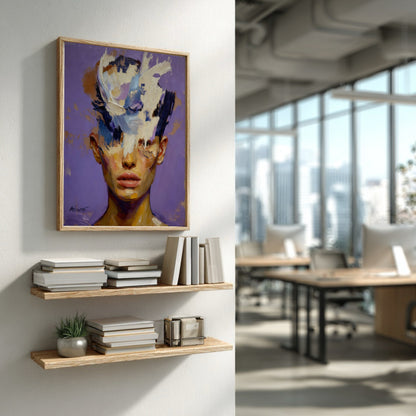 Framed abstract portrait hanging on a white wall above wooden shelves in a bright, modern open-plan office setting.