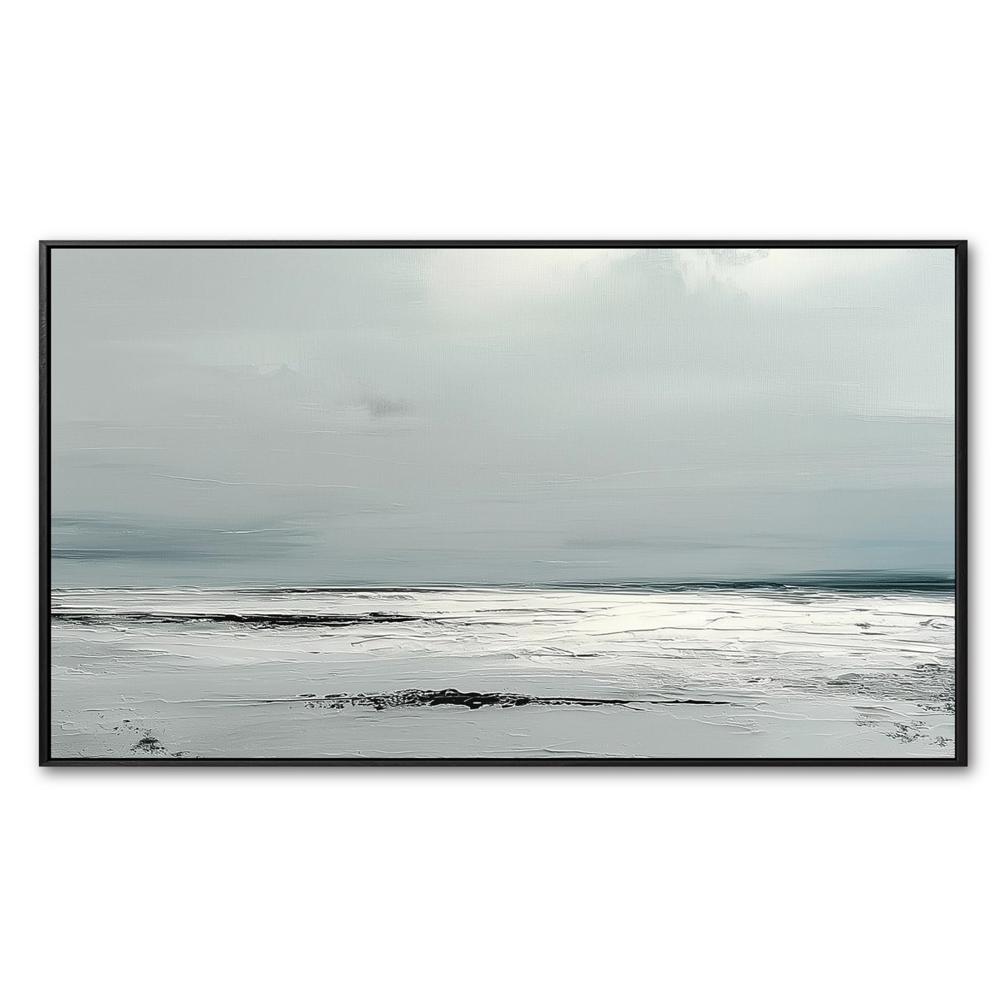 Original abstract seascape painting with heavy texture. Cool, neutral tones of white, gray, and blue create a calm, minimalist vibe.
