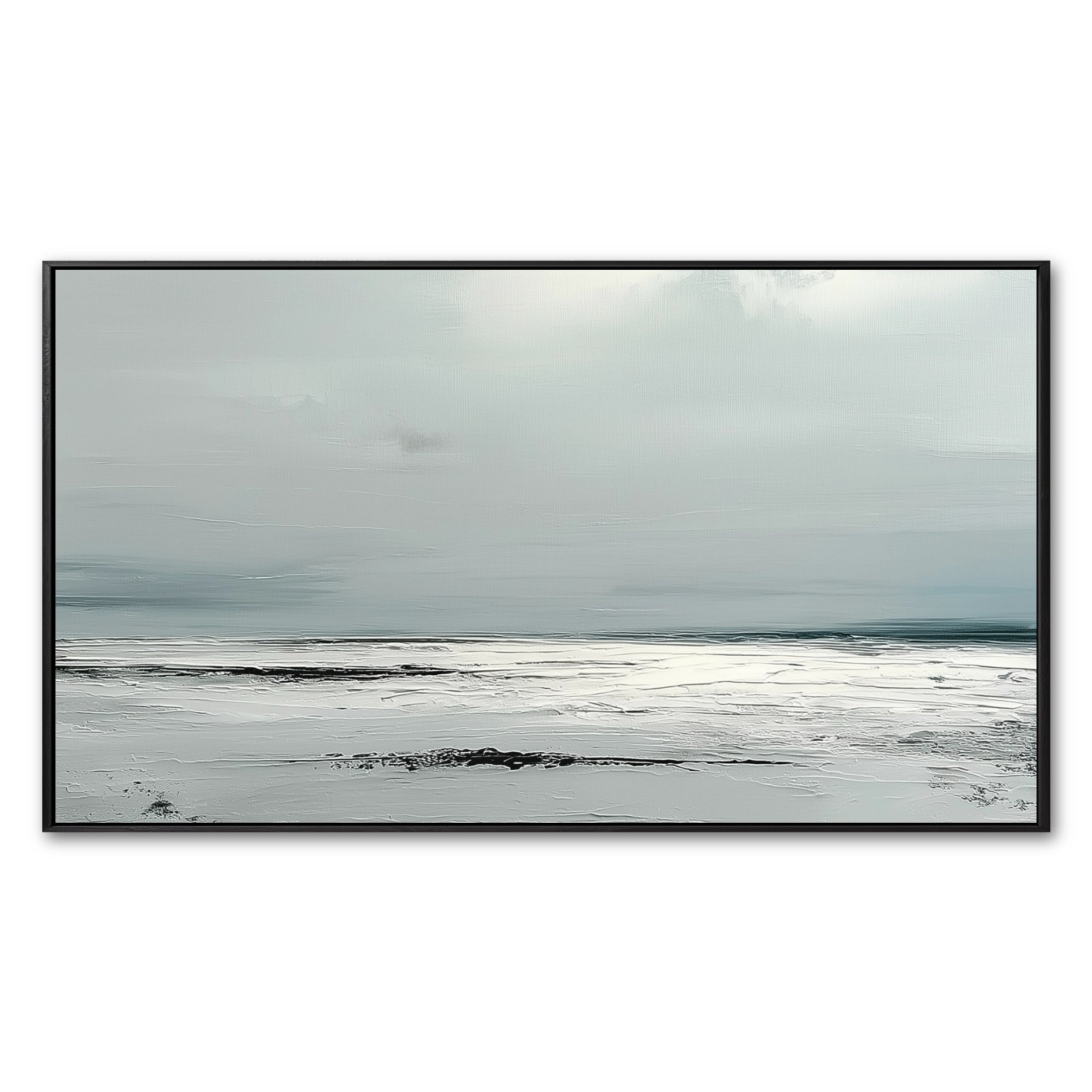 Original abstract seascape painting with heavy texture. Cool, neutral tones of white, gray, and blue create a calm, minimalist vibe.