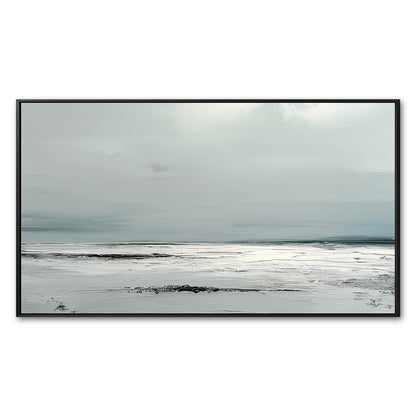 Original abstract seascape painting with heavy texture. Cool, neutral tones of white, gray, and blue create a calm, minimalist vibe.