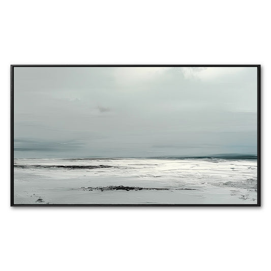 Original abstract seascape painting with heavy texture. Cool, neutral tones of white, gray, and blue create a calm, minimalist vibe.