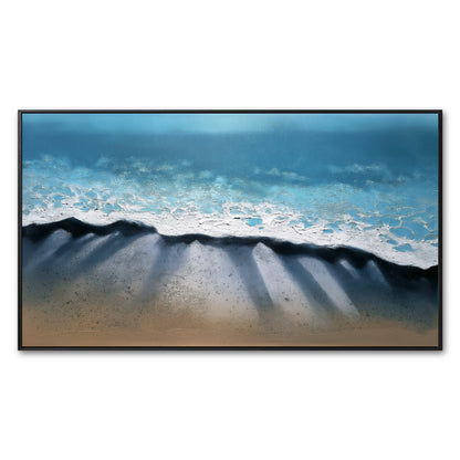 Original abstract beach painting. Textured white waves, cool blue ocean, and warm sand with dramatic shadows. Modern coastal art.