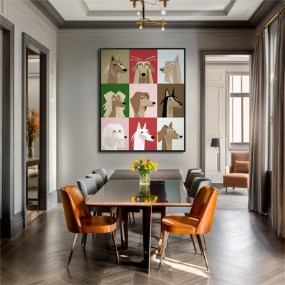 Vibrant pop art dog grid infuses energy and color above the dining table, complementing the warm leather chairs and gray walls.