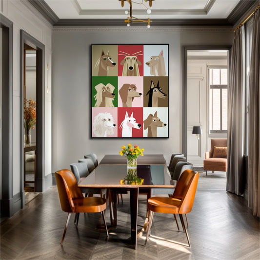 Vibrant pop art dog grid infuses energy and color above the dining table, complementing the warm leather chairs and gray walls.