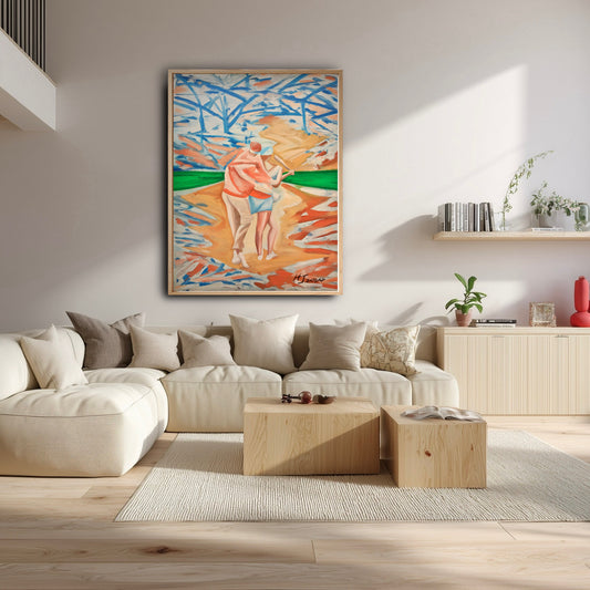 Hand-painted golf instruction artwork in a soft modern living room. Cool blue hues complement the beige sofa and light wood.