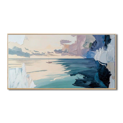 Original abstract painting of a calm sea between textured white and blue cliffs, under a soft peach and lavender sky.