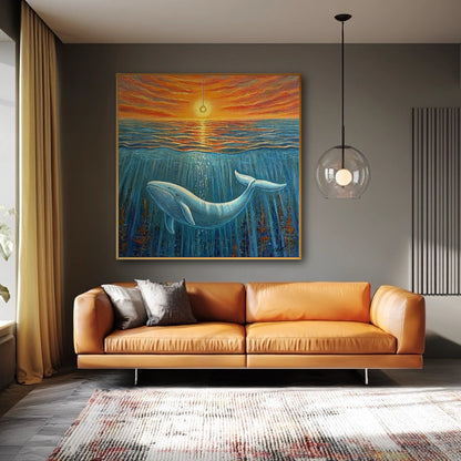 A vibrant whale and sunset painting is mounted on a dark gray wall, contrasting beautifully with a modern orange leather sofa.