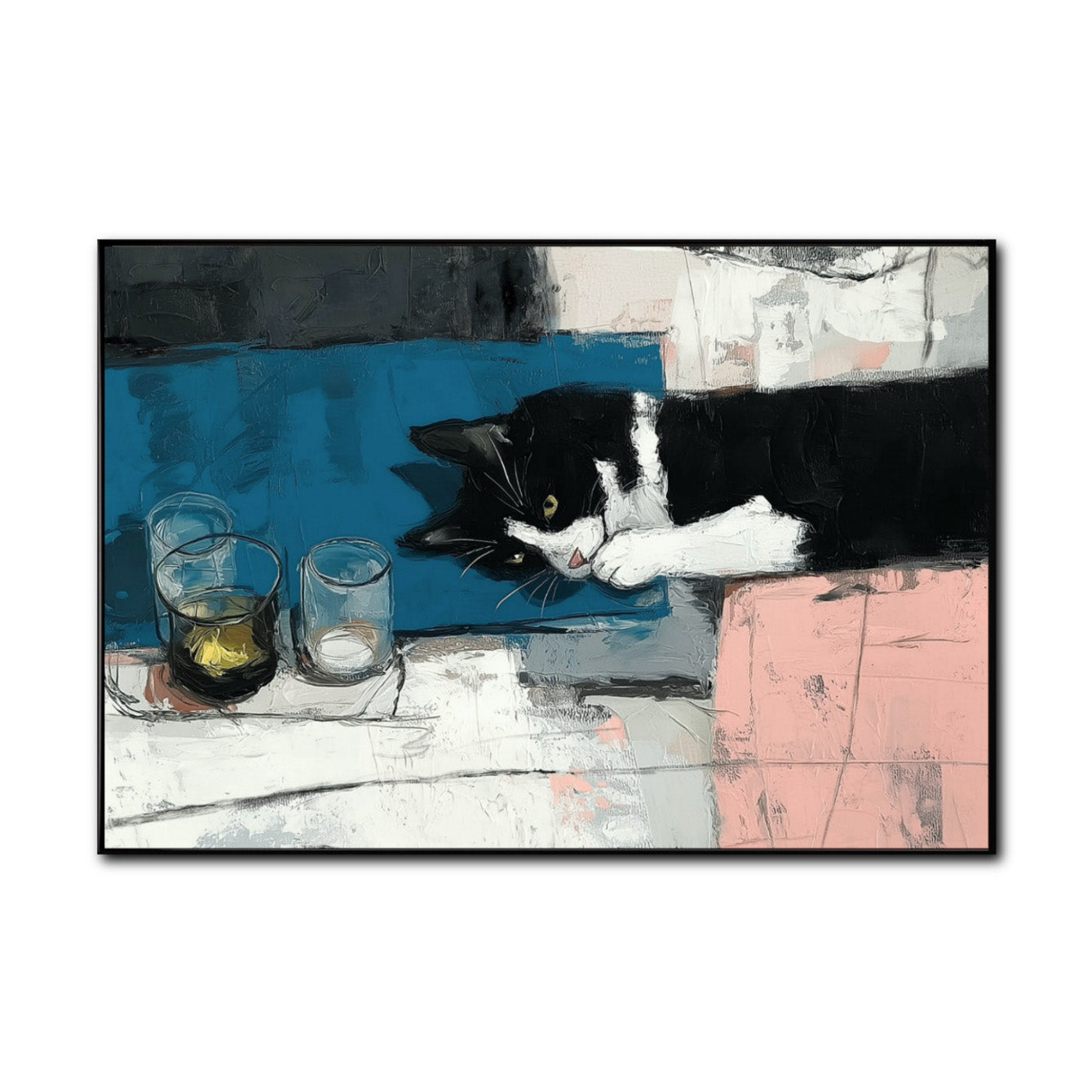 Original horizontal abstract cat painting, featuring a black and white cat near glasses on a surface with thick impasto texture. Cold tone.