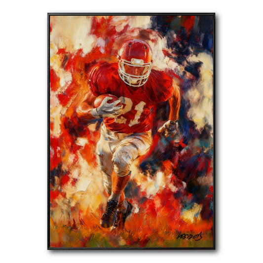 Original framed painting of a football player in a red uniform running through an explosive background of abstract red and blue.