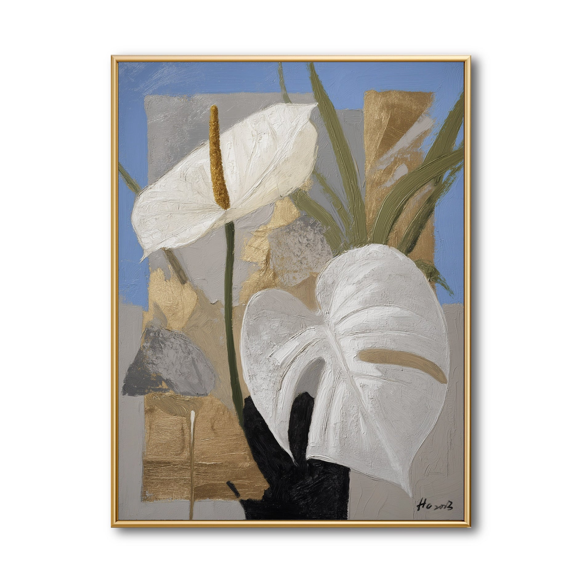 Original floral abstract painting, white anthurium & monstera leaves on blue & gold canvas. Vertical botanical wall art.