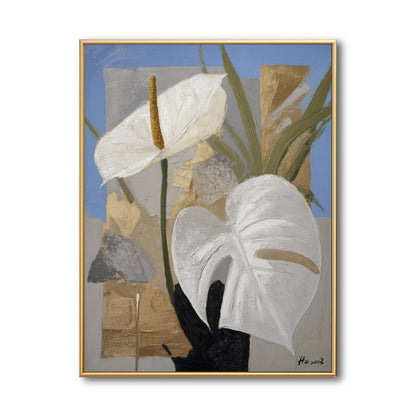 Original floral abstract painting, white anthurium & monstera leaves on blue & gold canvas. Vertical botanical wall art.