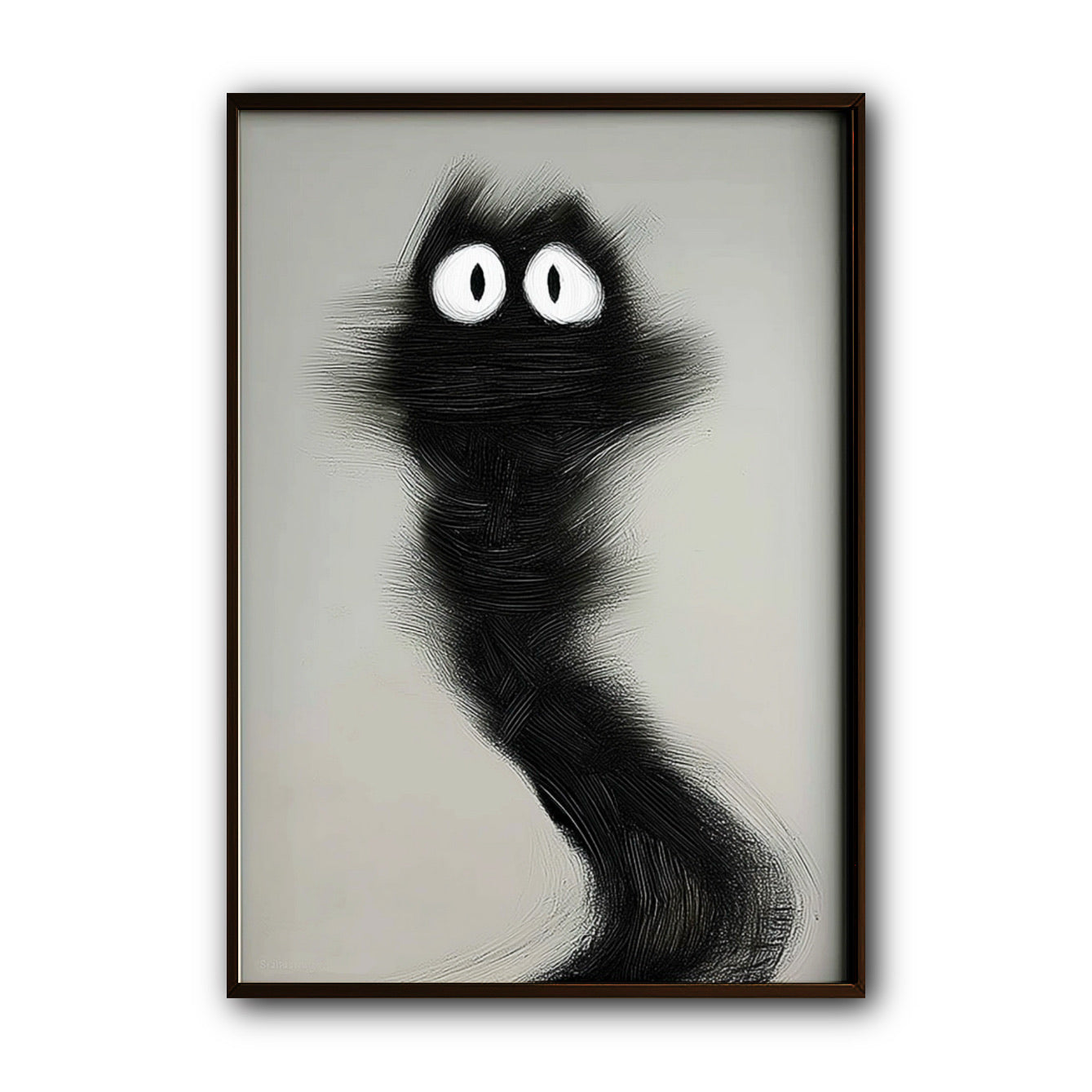 Original abstract black cat painting, modern minimalist dark scribble feline art on gray background, hand-painted style.