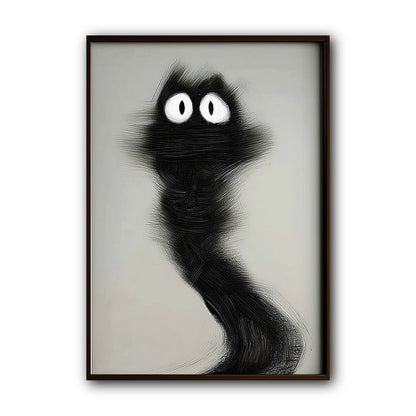Original abstract black cat painting, modern minimalist dark scribble feline art on gray background, hand-painted style.