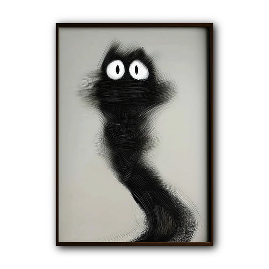 Original abstract black cat painting, modern minimalist dark scribble feline art on gray background, hand-painted style.