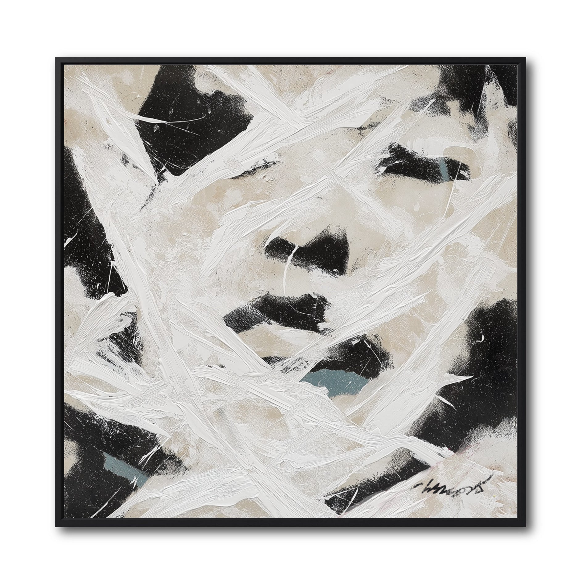 Original framed abstract painting of a face obscured by energetic white and black brushstrokes on a beige background.