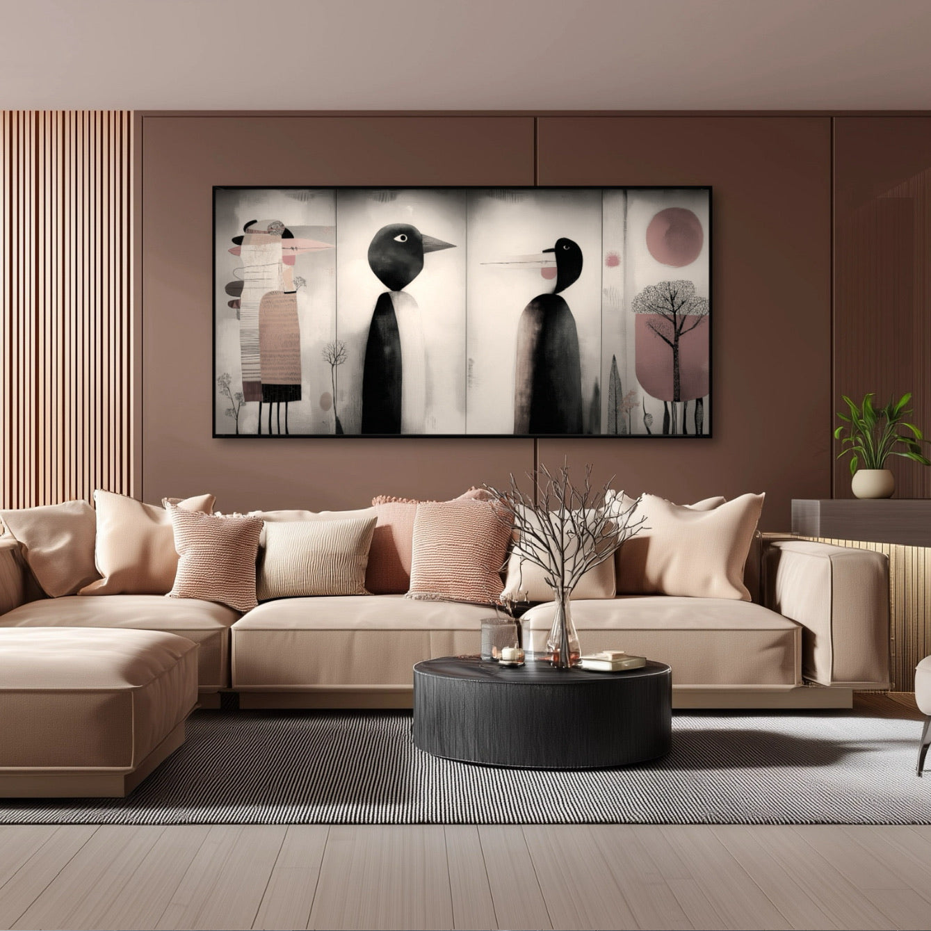 Original abstract figures art enhances a warm, blush-toned living room, harmonizing with the luxurious beige and pink decor.