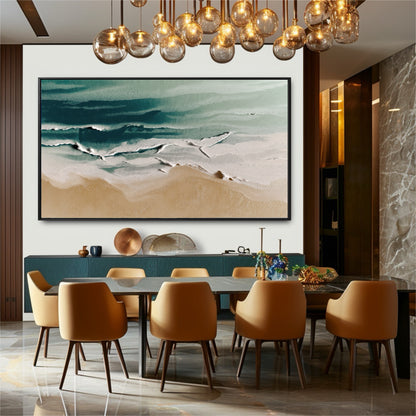 The painting's teal and gold tones are echoed by the sideboard and gold lighting, adding texture to the sleek, modern dining room.