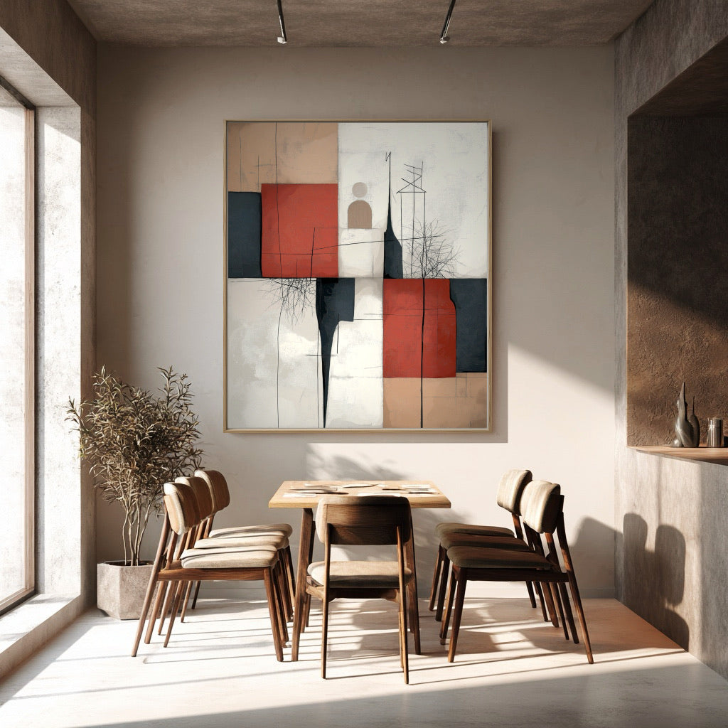 Geometric abstract art dominates a contemporary dining nook with warm concrete walls, minimal decor, and mid-century modern wooden chairs.