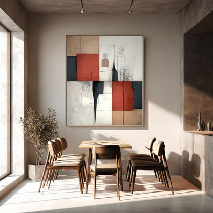 Geometric abstract art dominates a contemporary dining nook with warm concrete walls, minimal decor, and mid-century modern wooden chairs.
