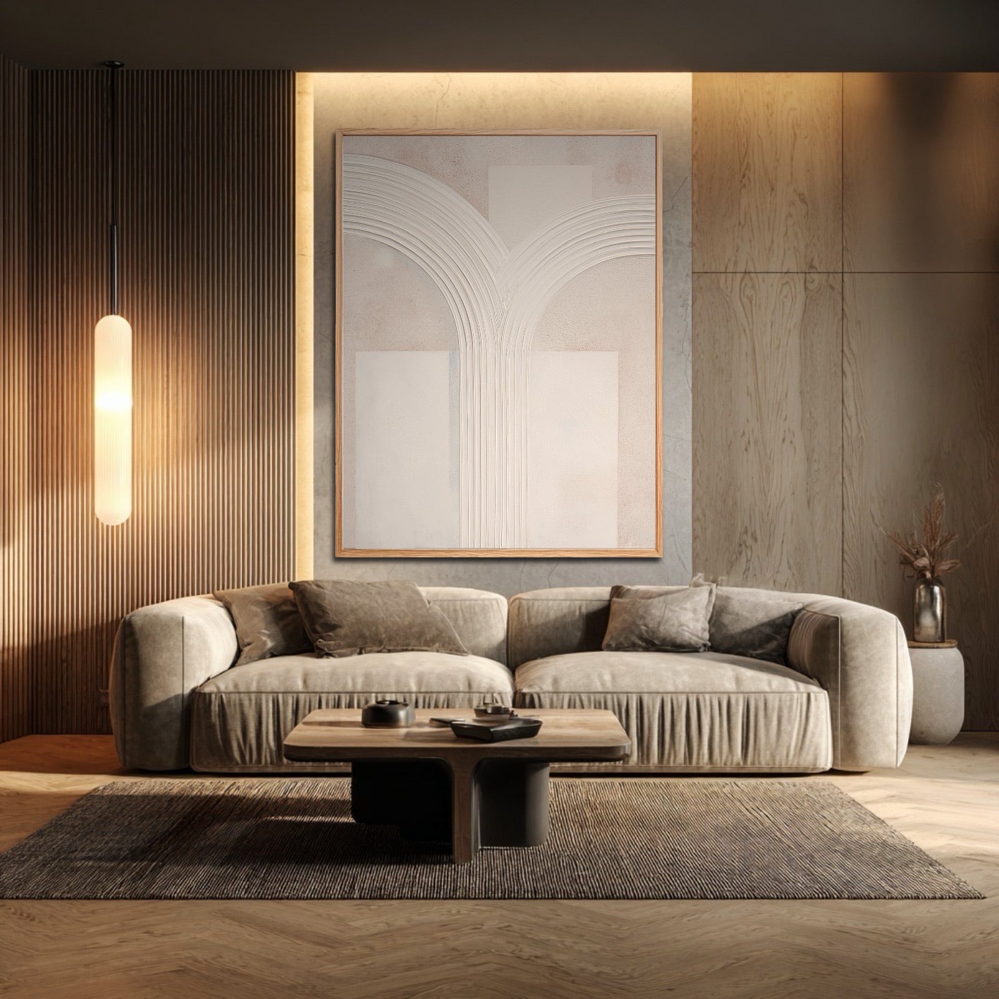 Large white plaster art on a backlit wood accent wall above a modern grey sofa in a contemporary living room.