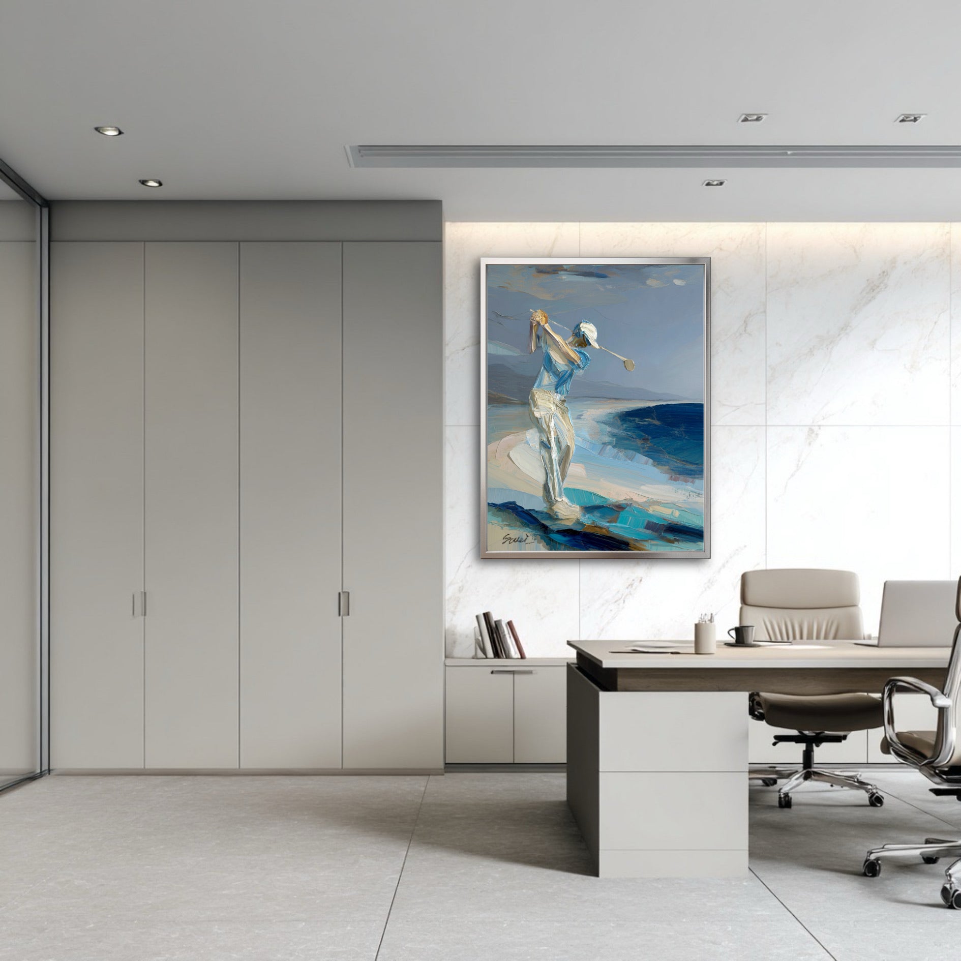 Original golf art in modern executive office. Cool blue tones and textured painting add focus to grey workspace design.