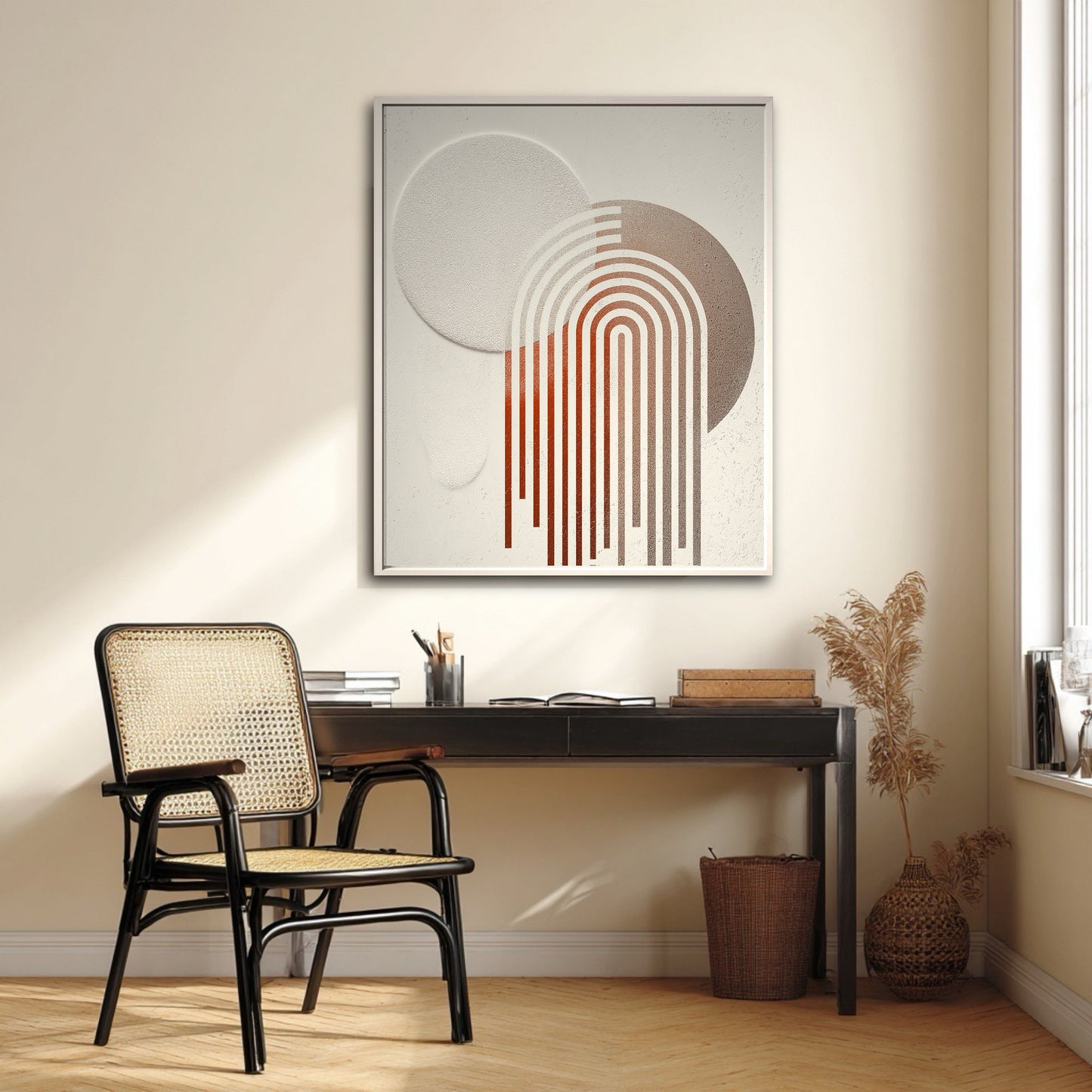 Modern geometric art with arches above a black desk with a rattan chair in a sunlit contemporary home office.