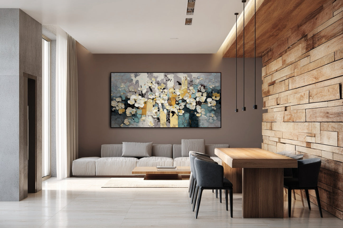 Original abstract floral impasto painting complements a modern dining area with a stacked wood accent wall and neutral tones.