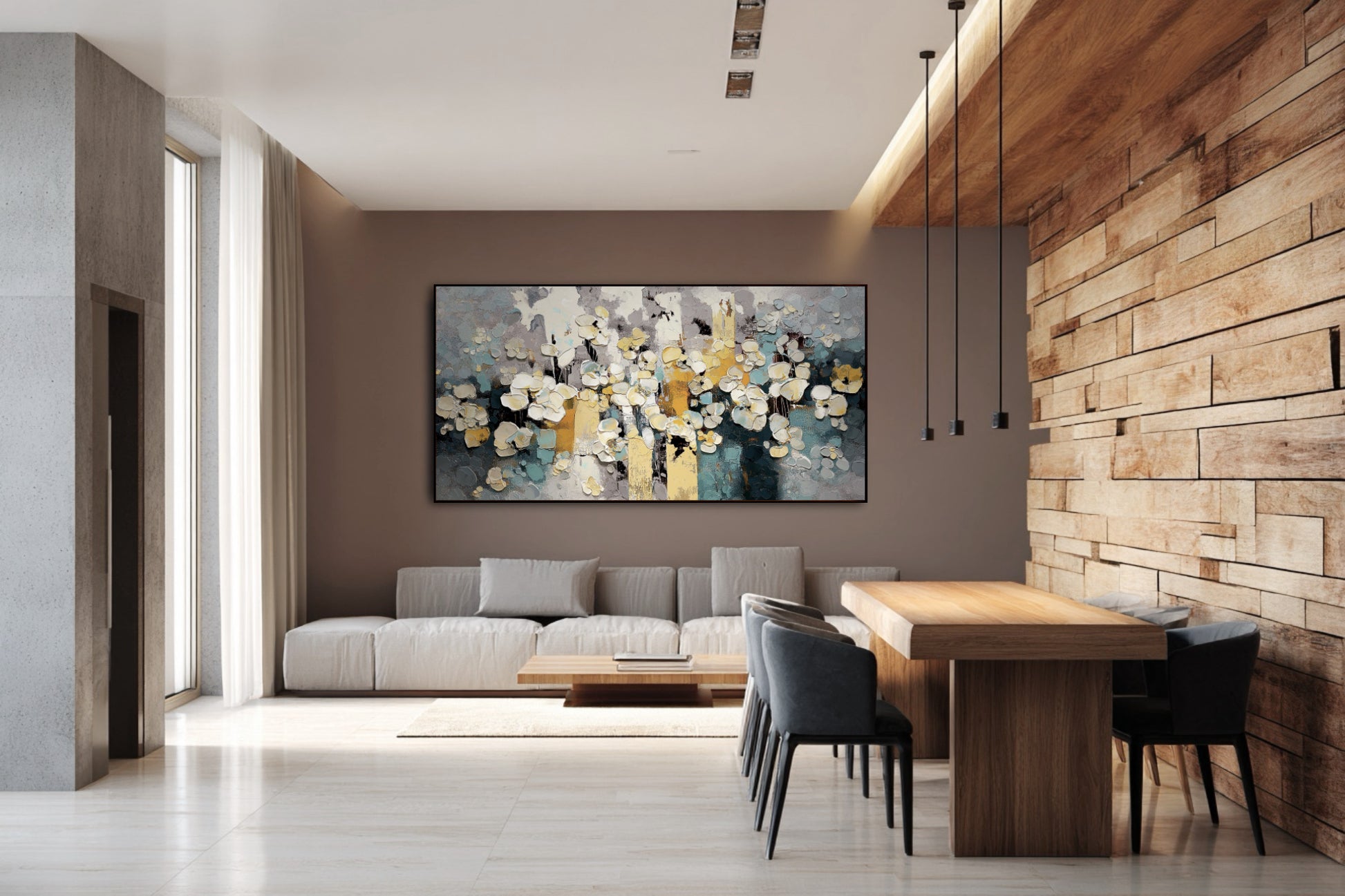 Original abstract floral impasto painting complements a modern dining area with a stacked wood accent wall and neutral tones.