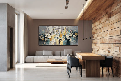Original abstract floral impasto painting complements a modern dining area with a stacked wood accent wall and neutral tones.