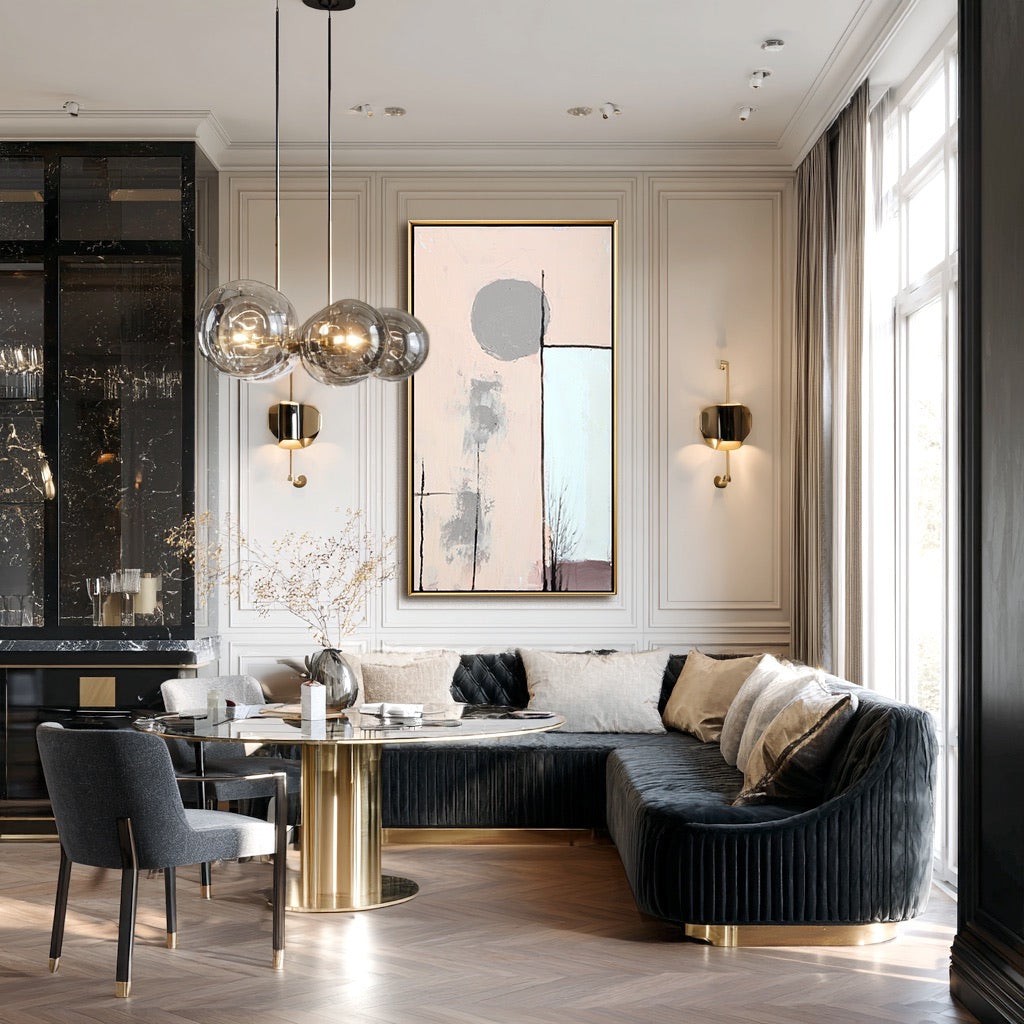 Modern living room with a stylish sofa, dining table, and decorative elements.