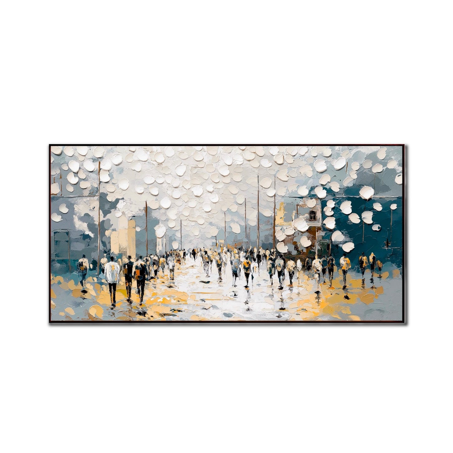 Original hand-painted Abstract Impasto crowd scene. Textured modern cityscape in grey, navy, and gold street reflection. Wall Art.