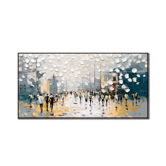 Original hand-painted Abstract Impasto crowd scene. Textured modern cityscape in grey, navy, and gold street reflection. Wall Art.