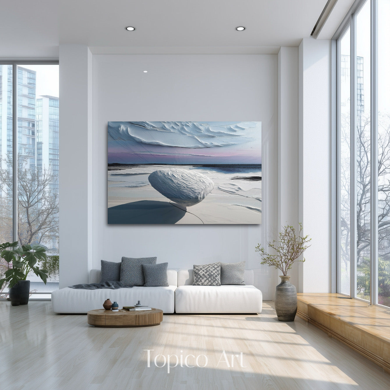 Original ethereal landscape filling a tall, sunlit loft space with full-height windows and a neutral modern sectional.