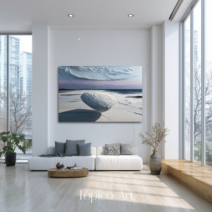Original ethereal landscape filling a tall, sunlit loft space with full-height windows and a neutral modern sectional.