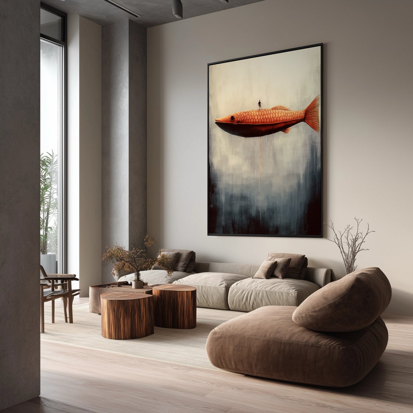 The surreal painting's warm orange fish perfectly complements the earthy brown sofas and natural wood tables in this minimalist room.