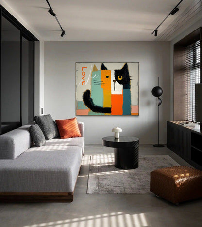 Abstract color block art contrasts with the sleek gray sofa and black fixtures, adding vibrant, modern energy to an urban apartment.